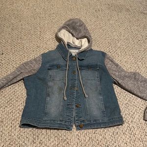jean jacket with hoodie on inside